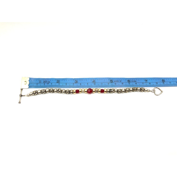 Beaded Sterling Silver Heart Toggle Bracelet w Gold,Silver and Red Crystal Beads - Picture 9 of 9